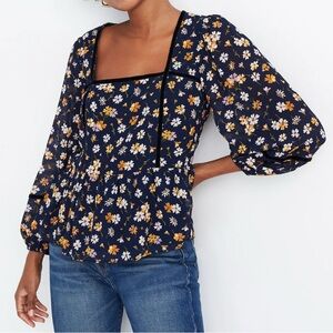 Madewell Blue Velvet-Trimmed Square-Neck Floral Cottagecore Top XS